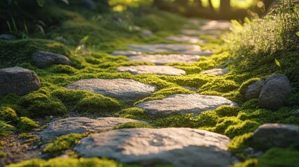 Canvas Print - Sunlit stone pathway through lush green moss in serene garden setting