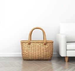 Canvas Print - Beige woven wicker basket against white minimalist background, next to a white sofa. Light, airy, and clean aesthetic