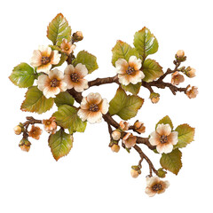 Poster - Branch with pink flowers and green leaves against a soft blue sky background in springtime isolated on transparent background..