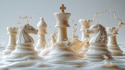 Aufkleber - Dramatic Chess Scene with White Pieces in Surging Water Splash