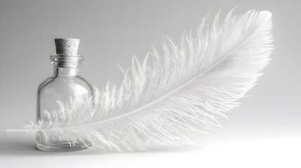 Poster - Elegant White Feather and Clear Bottle on Soft Neutral Background