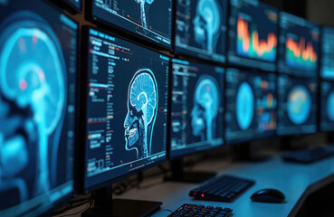 Aufkleber - Multiple monitors display advanced medical diagnostics with brain scans. Medical research, future medicine, healthcare concept. Blue light, high tech facility, operation laboratory. Digital