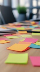 Aufkleber - Colorful sticky notes scattered across a desk symbolize the chaos of multitasking and time management in a busy work environment. The scene captures the urgency of meeting deadlines