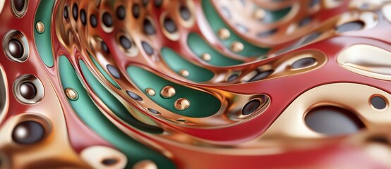 Poster - Abstract swirling pattern with red, green, and gold metallic textures. Close up view of a three dimensional, organic like form with smooth curves and