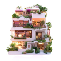 Poster - 3d rendering of a modern apartment building with balconies and large windows in a city environment isolated on transparent background..