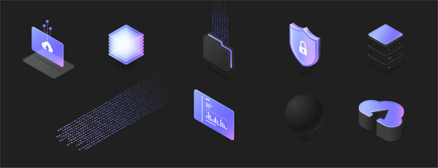 Poster - Cloud computing technology, protection and keeping users statistics. Vector mass repository on servers. Information exchange on internet, electronic archive or personal isometric data storage