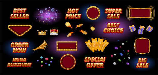 Poster - Vintage geometric shapes and banners design. Vector realistic casino or gambling app set. Diamonds and coins with flame, coupons or vouchers, presents and gifts for player, luxurious crown