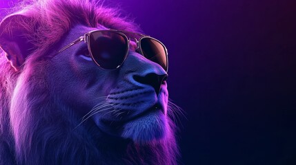 Poster - Lion wearing sunglasses in a purple and blue neon light, stylish composition. Modern fashion and wildlife concept