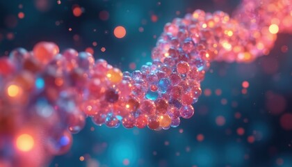 Poster - A colorful image of linked small spheres, balls. Circle of molecular macro bubbles on dark teal, red color background. Scientific medicine, shiny research, transparent liquid tech element for design.