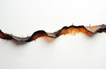 Fototapete - Burnt paper edge isolated on white background. Charred paper texture element with dark stain, ripped holes pattern. Blank backdrop with clipping path, brown rough frame.