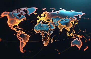 Leinwandbilder - Generative AI illustration of glowing continents with yellow network connecting cities. International global connection concept of Earth, system. Worldwide web sphere communicates in cyberspace
