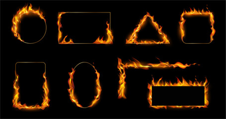 Aufkleber - Geometric borders and frames with tongues of flames and fire. Vector realistic set of shapes and forms with blazing burning ignition. Glowing bright design for UI elements or game design, typography