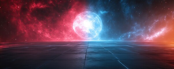 Sticker - Glowing orb between red & blue nebulae over futuristic floor. Background use