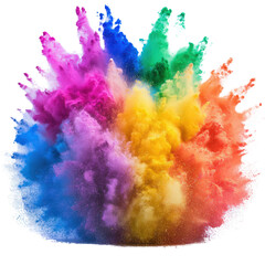 Poster - Colorful powder explosion creating vibrant cloud of colors on white background with dynamic motion effects isolated on transparent background..