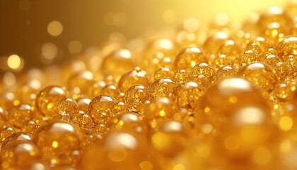Close-up of shiny golden drops, oil bubbles texture. Liquid facial serum, skin care cosmetic. Abstract gel background for beauty product ad. Macro photo of wet surface.