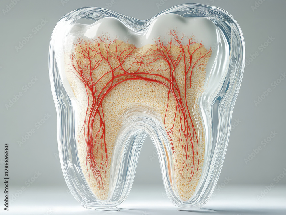 Detailed model of a human tooth with highlighted vascular structure ...
