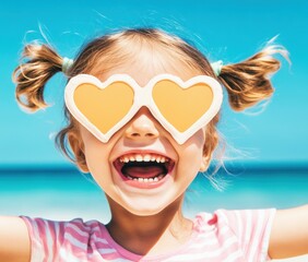 Child wearing heart-shaped sunglasses smiles joyfully at the beach on a sunny day with blue ocean in the background, capturing a moment of carefree happiness during summer play