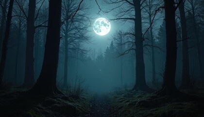 bright full moon shines over dark eerie forest at night. moonlight illuminates trail through wood. b