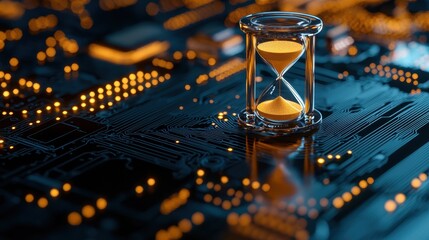Poster - A digital hourglass sits on a circuit board, symbolizing the passage of time in technology, with glowing orange lights creating a futuristic ambiance.
