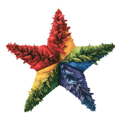 Poster - Rainbow colored star shape made of green leaves on a white background isolated on transparent background..