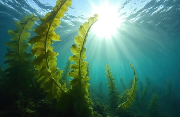 Poster - Underwater kelp forest illuminated by sunlight filtering through clear blue water. Green seaweed sways gently in ocean current. Marine ecosystem with aquatic plants under sea surface. Rays of sun