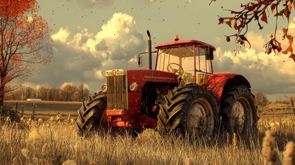 Wall Mural - Vintage Red Tractor in Golden Fields Under Blue Sky with Clouds and Fall Leaves, Agricultural Landscape, Rural Scene