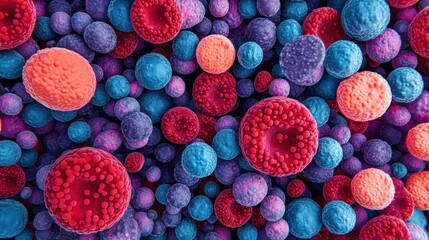 Poster - A vibrant close-up of colorful, spherical cells or particles, showcasing a mix of reds, blues, and purples in a visually appealing abstract design.