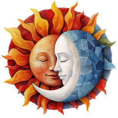 Poster - Painting of a sun and moon in a sky with stars and clouds in a colorful abstract style isolated on transparent background..