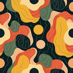 Poster - Seamless pattern of colorful abstract shapes, lines. Funky graphic, modern geometric texture. Groovy retro art, trendy colours, cartoon wallpaper, decorative geometry. 90s print, creative