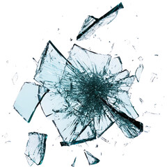 Poster - Shattered broken glass pieces on a black background creating an abstract artistic composition isolated on transparent background..