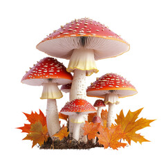 Poster - Group of mushrooms surrounded by colorful autumn leaves on the forest floor isolated on transparent background..