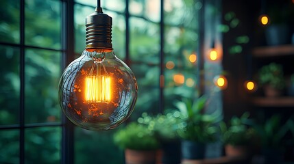 Poster - Vintage Edison Bulb Illuminates Cozy Indoor Garden Space