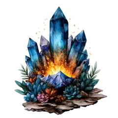 Poster - Blue crystal surrounded by flowers and leaves on a black background showcasing natural beauty and elegance isolated on transparent background..