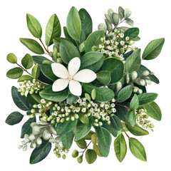 Poster - White flower surrounded by lush green leaves in a natural setting isolated on transparent background..