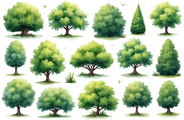 Poster - Watercolor illustration features various green trees, bushes, shrubs. Top view for landscape design plan. Isolated eco elements for enviromental nature projects, vintage sceneries garden decoration