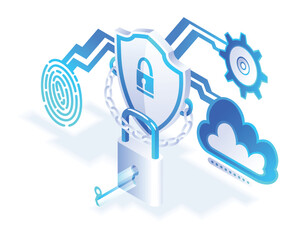 Aufkleber - Security isometric. Shield icon, future technology for verification. Cyber security and data protection concept. High tech data system vector illustration