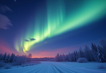  Aurora Borealis Over Snowy Landscape with Forest and Clear Path