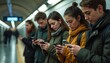 © miss irine - Group of young people use smartphones in subway station. Wait for train, read messages from social media. Modern urban lifestyle, public transport, digital connection, online interaction, social