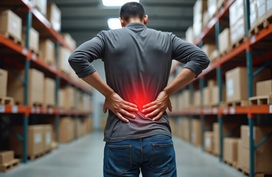 rear view of man in warehouse suffering from back pain. male worker holds lower back implying injury