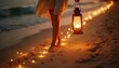 © miss irine - Person walks barefoot on beach sand at dusk holding lantern near sea. Light illuminates path. Calm scenic night, spiritual journey, solitude, faith concept. Guidance in darkness.