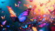 © Thiago - Iridescent butterfly of flowing digital data fluttering in glowing abstract landscape. Iridescent Butterfly Swarm. Illustration