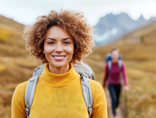 Hiking adventure smiles mountain trail outdoor portrait natural landscape close-up joyful exploration