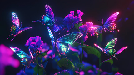 Canvas Print - vibrant iridescent neon butterflies