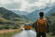 © Ackbara Studio - Traveler with a backpack standing near a bus on a scenic mountain road, looking at the breathtaking landscape. Travel and adventure concept.