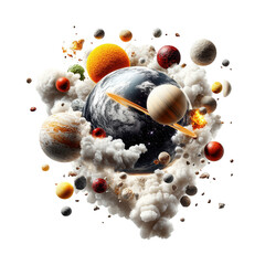 Poster - Group of colorful planets floating in a cosmic space environment with stars and nebula in the background isolated on transparent background..