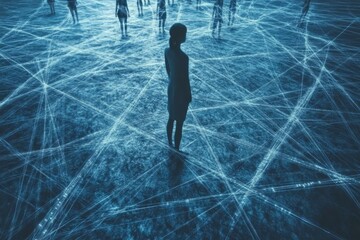 Poster - A group of individuals stands amidst intricate blue light designs on the ground, creating a vibrant and immersive atmosphere during the evening. Generative AI