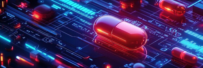 Poster - Graphic layouts for digital advertising on pharmaceuticals with neon accents and high-tech design