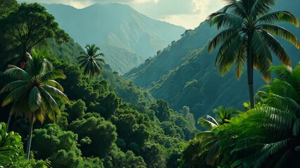 Fototapete - A lush green jungle with a mountain in the background. There are palm trees in the foreground. The sky is cloudy