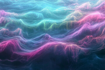 Fototapete - Bright wave patterns undulate across a dark background, showcasing vivid pink, blue, and green colors. This digital artwork captures dynamic movement and fluidity. Generative AI
