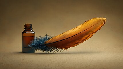 Poster - Elegant Feather and Ink Bottle with Warm Earthy Background